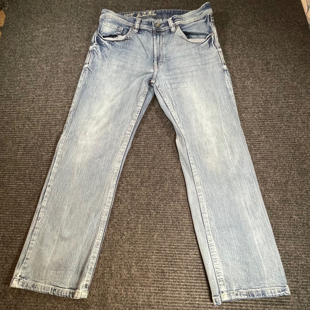 TK Axel Mens Straight Leg Light Wash Denim Jeans 36x30 Blue Contrast Stitch